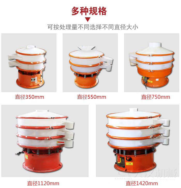 塑料振動篩不同篩分直徑進行展示：350，550，750，1120，1420等。