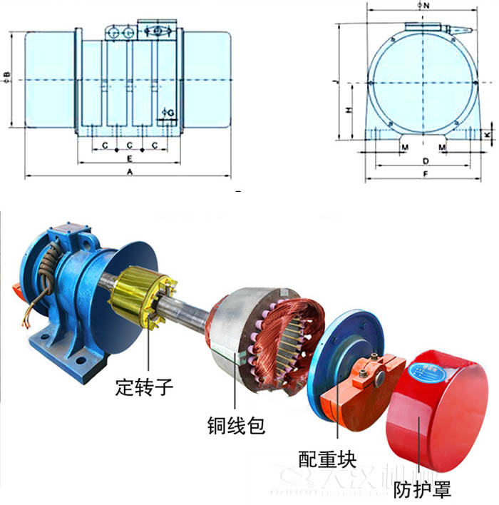 ZFB倉壁振動器外形尺寸字母代表：A為整機(jī)長度F為整機(jī)寬度B為主機(jī)寬度等。結(jié)構(gòu)：定轉(zhuǎn)子，銅線包，配重塊，防護(hù)罩等。