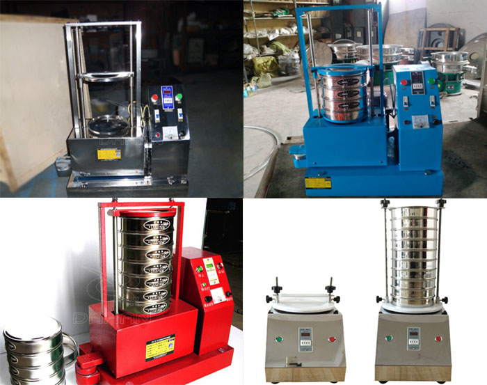 三種不同類型的試驗(yàn)篩，區(qū)別控制臺(tái)在下部或在右側(cè)。材質(zhì)為不銹鋼和碳鋼兩種，碳鋼材質(zhì)做了噴漆有：紅色和藍(lán)色兩種。