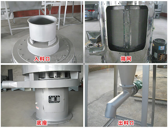 氣流篩部件展示：入料口，篩網，底座，出料口等。