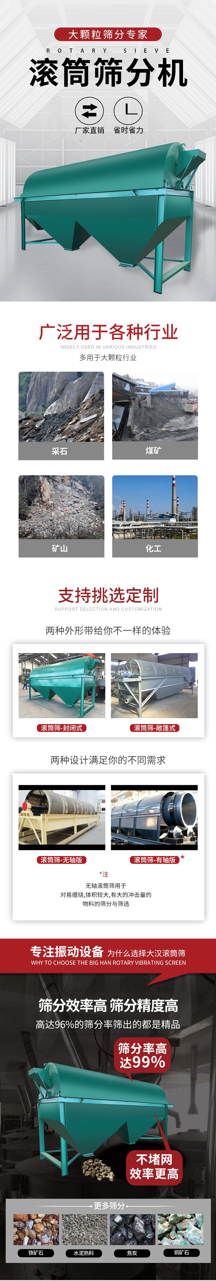 滾筒篩分機(jī)大顆粒篩分專家：廠家直銷，省時(shí)省力。滾筒篩被廣泛應(yīng)用各種行業(yè)：多用于大顆粒行業(yè)例如：采石，煤礦，礦山，化工等。滾筒篩定制類型有哪些：封閉式與敞篷式產(chǎn)品結(jié)構(gòu)分為：無軸式，有軸式兩種，無軸滾筒篩用于對(duì)纏繞，體積較大，有大的沖擊量的物料的篩分與篩選。滾筒篩篩分效率高篩分精度能夠達(dá)到：96%也比較適用于鐵礦石，水泥熟料，焦炭，銅礦石。滾筒篩特點(diǎn)：不飛粉末：密封隔離罩，密封性好，工作過程不會(huì)出現(xiàn)飛粉現(xiàn)象。外型尺寸是按筒體長計(jì)