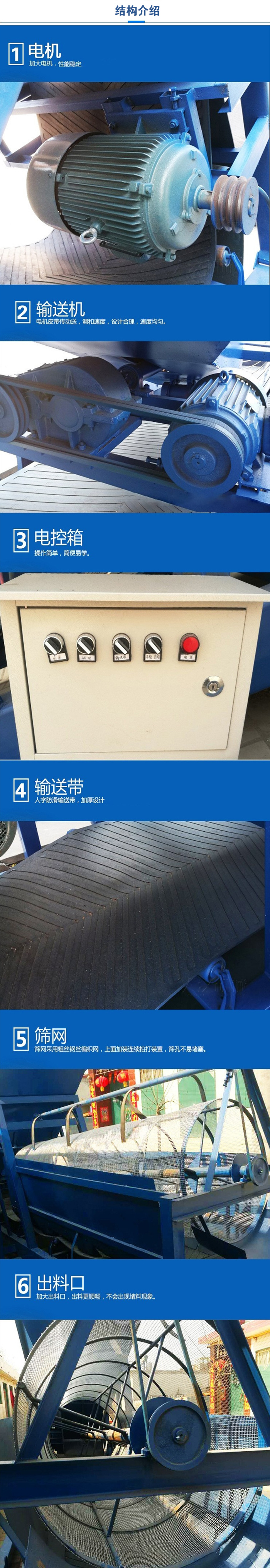移動篩沙機結構:電機，加大電機，性能相對比較穩定。輸送機：電機皮帶傳動送，調和速度，設計合理，速度均勻。電控箱：操作簡單，簡便易學。輸送帶：人字防滑輸送帶，加厚設計。篩網，采用粗絲鋼絲編織而成的篩網，上面加裝連續拍打裝置，篩孔不易堵塞。出料口：加大出料口，出料更順暢，不會出現堵料現象。