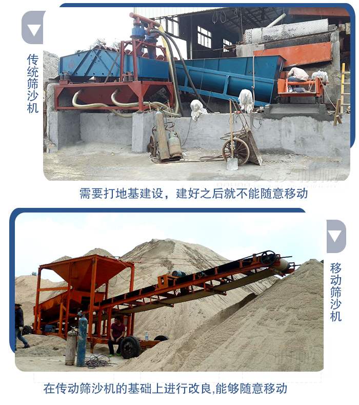 移動的篩沙機在安裝前需要打地基，而固定完畢后就不能隨意的移動，而移動篩沙機不需要打地并且隨時能夠進行移動。